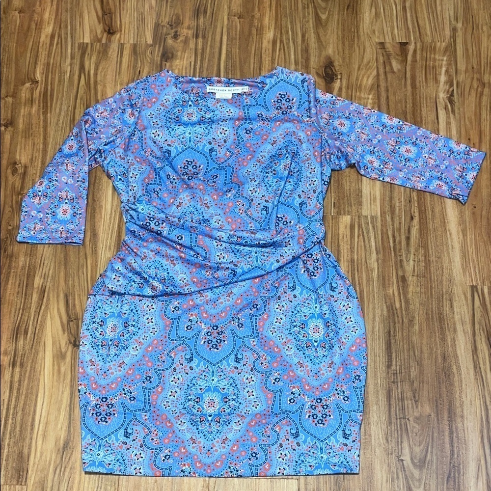 Gretchen Scott women’s XL 16 18 dress Blue 
Orange pattern stretch 3/4 sleeve - Picture 2 of 11